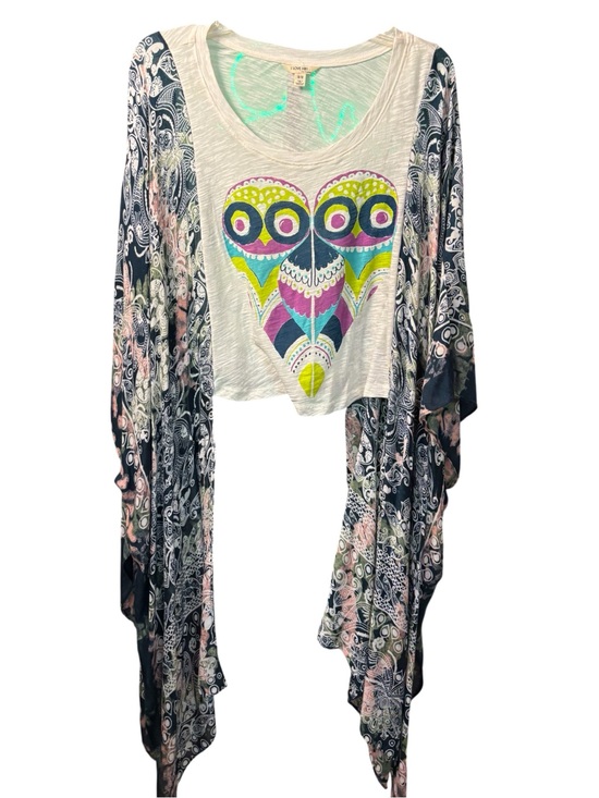 Handmade Tops - Boho Heart Owl Graphic Crop Top Upcycled with Flowing Kimono - White & Multi